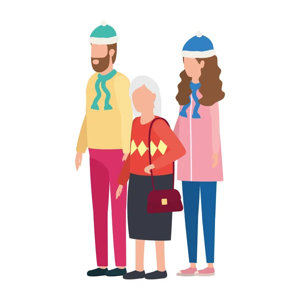 Mignon grand-mère avec jeune couple en utilisant chapeau de Noël — Image vectorielle