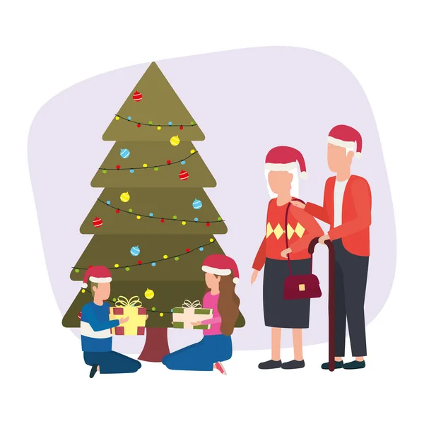 クリスマス松の木のかわいい家族 — ストックベクタ