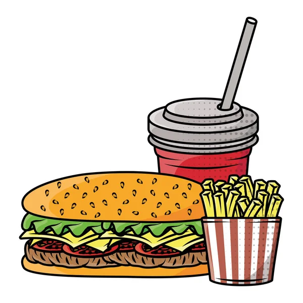 Delicioso hambúrguer com refrigerante e batatas fritas —  Vetores de Stock
