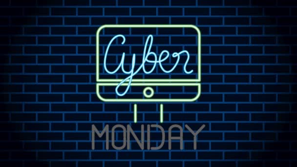 Cyber lunes etiqueta de luz de neón con escritorio — Vídeos de Stock