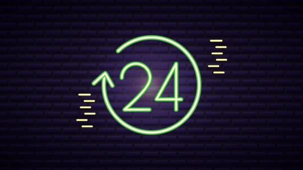 Neon light label with arrow and 24 hours — ストック動画