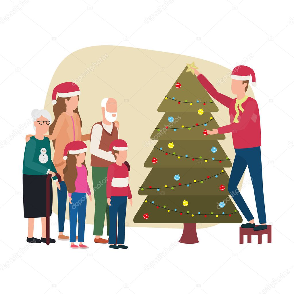 cute family members with christmas pine tree