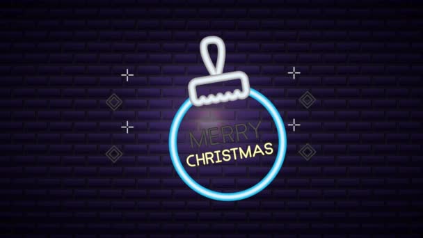 Christmas neon light label with ball hanging — 图库视频影像