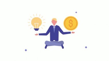 Lotus pozisyonunda para ve ampulle oturan işadamı