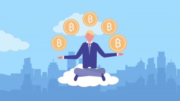 Uomo d'affari seduto in posizione di loto con bitcoin — Video Stock