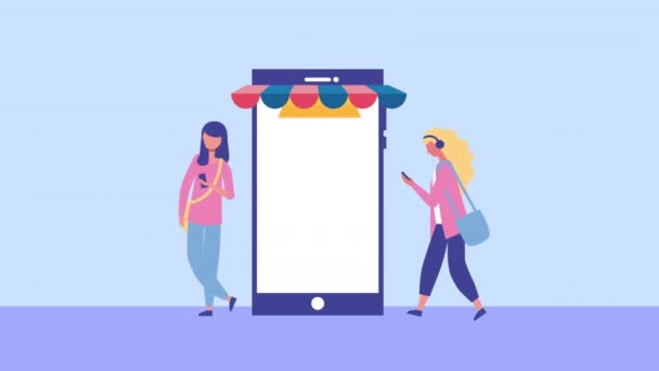 Молодые девушки, использующие персонажей смартфонов — стоковое видео