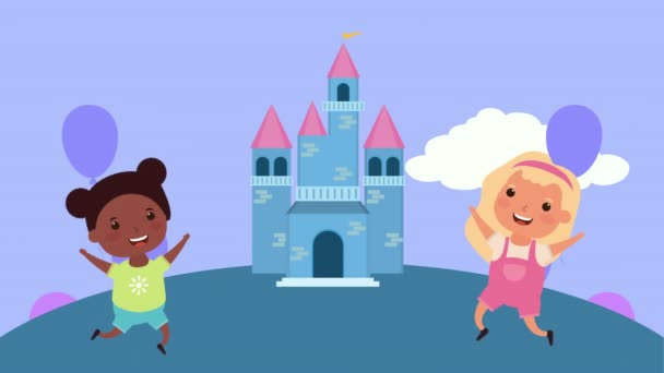 Little interracial girls with castle scene — Stock Video © yupiramos  #321956040