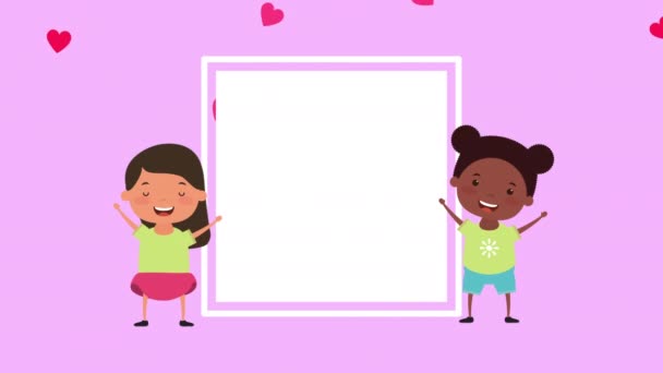 Маленькие межрасовые девочки с квадратной рамой — стоковое видео
