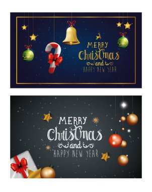 Mutlu noeller ve dekorasyonlu mutlu bir yeni yıl posteri.