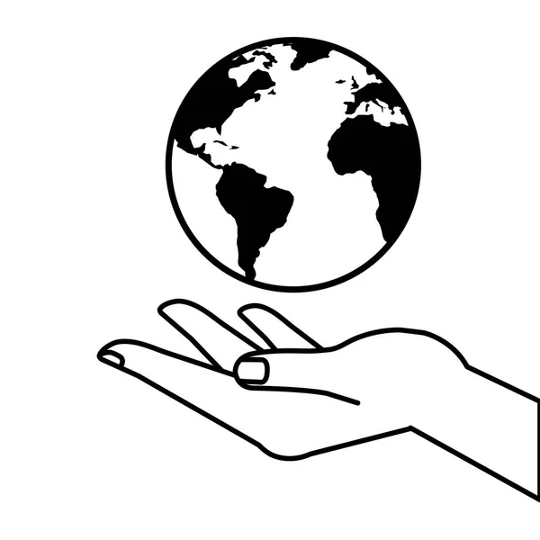 Hand empfängt Mensch mit Planet Earth Line Stil-Symbol — Stockvektor