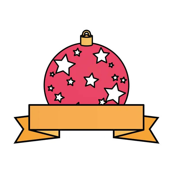Bola de Natal com estrelas e fita ícone isolado — Vetor de Stock