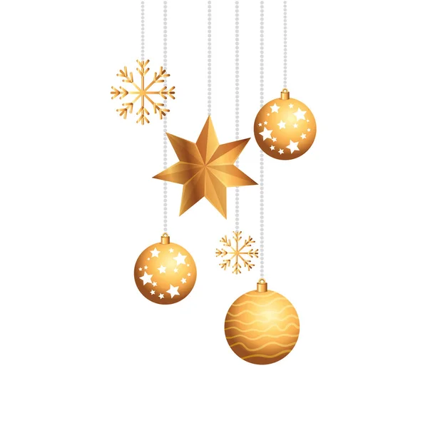 Palle con stella e fiocchi di neve di Natale appeso — Vettoriale Stock