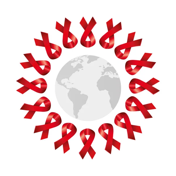 Carte du monde avec ensemble de rubans de sensibilisation à la journée des aides — Image vectorielle