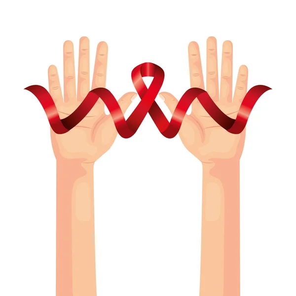 Manos con la cinta de sensibilización del día SIDA — Archivo Imágenes Vectoriales