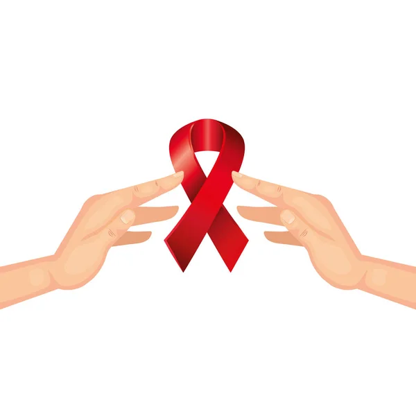 Hands with aids day awareness ribbon — Stock Vector