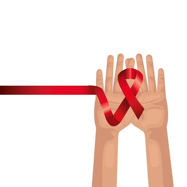 Manos con la cinta de sensibilización del día SIDA — Vector de stock
