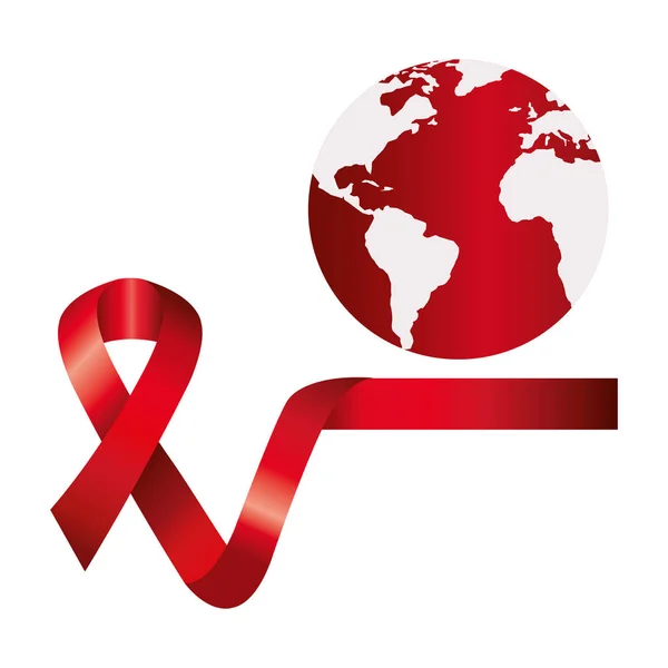 Aids day awareness ribbon with planet earth — Stock Vector