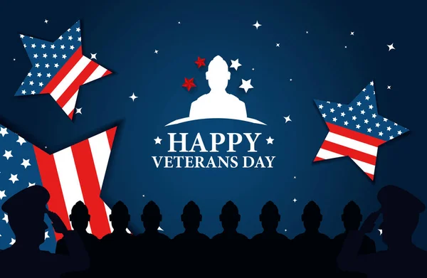 Celebración del día de los veteranos con silueta militar y estrellas — Vector de stock