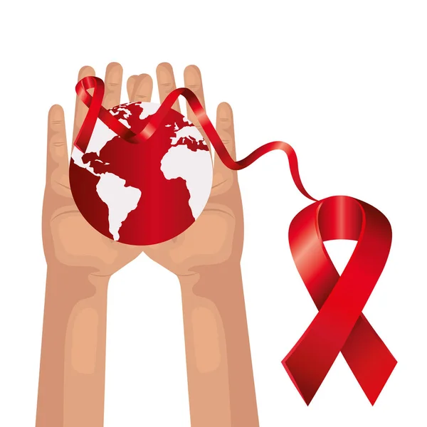 Hands with aids day awareness ribbons and planet earth — Stock Vector