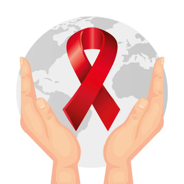 Hands with aids day awareness ribbon and planet earth — Stock Vector