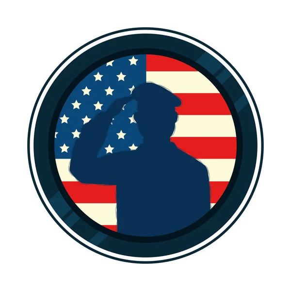 Silhouette de soldat homme avec drapeau des États-Unis dans le cadre circulaire — Image vectorielle