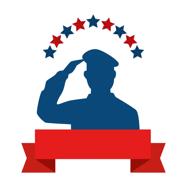 Silhouette of man soldier american with stars and ribbon — ストックベクタ