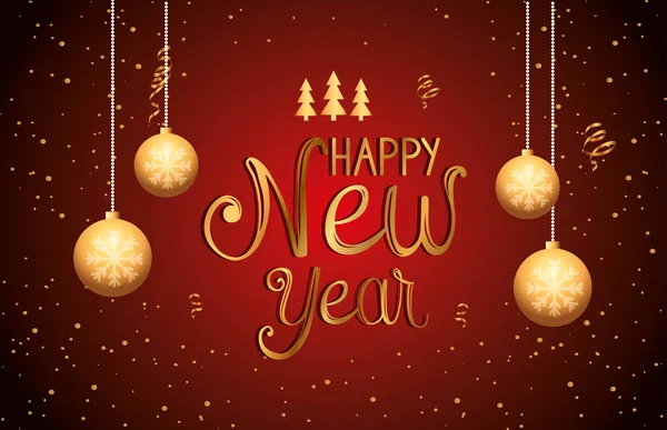 Cartaz de feliz ano novo com bolas penduradas — Vetor de Stock