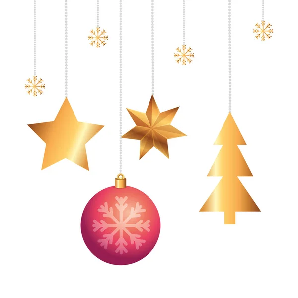 星と松の木のクリスマスハンギングボール — ストックベクタ
