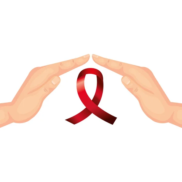 Hands with aids day awareness ribbon — Stock Vector