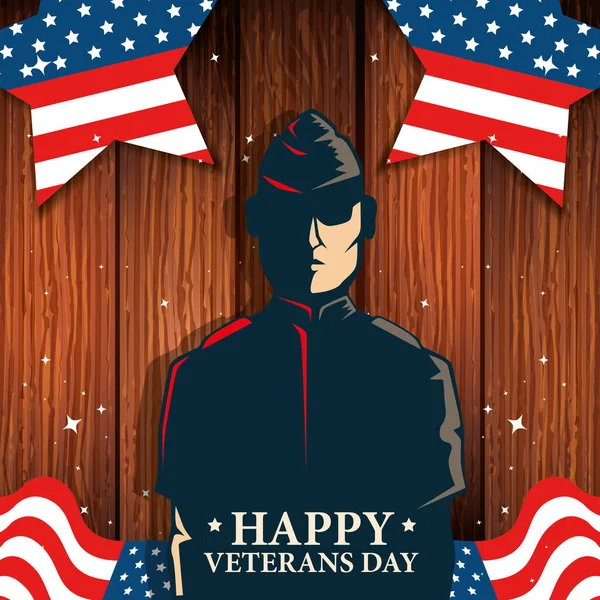 Feliz celebración del día de los veteranos con militares y bandera en fondo de madera — Vector de stock