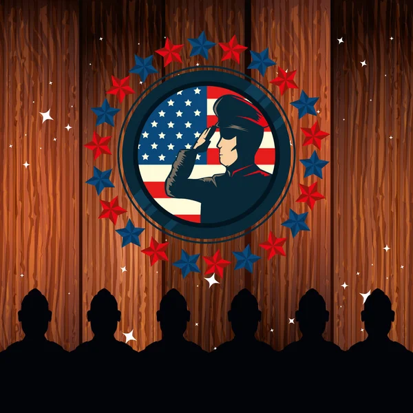 Fête des anciens combattants heureux avec l'armée et le drapeau en arrière-plan en bois — Image vectorielle