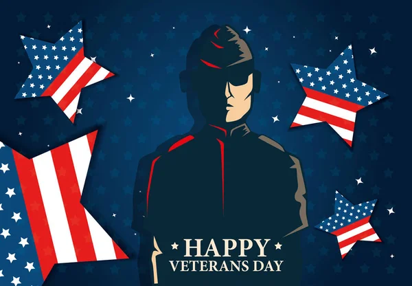 Celebración del día de los veteranos con militares y estrellas — Vector de stock