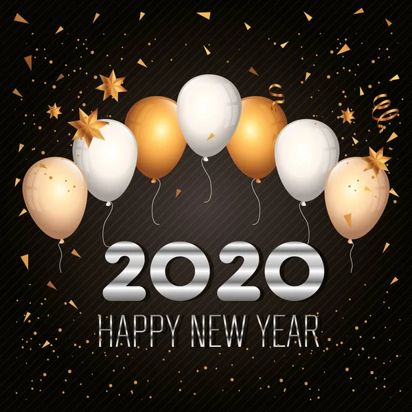 Plakat für ein frohes neues Jahr 2020 mit Luftballons Helium — Stockvektor