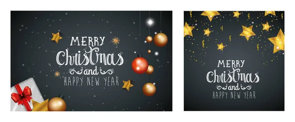 Conjunto de póster de feliz Navidad y feliz año nuevo con decoración — Vector de stock