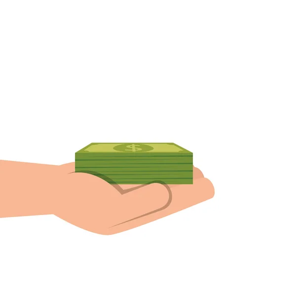 Hand met stapel rekeningen geld geïsoleerde pictogram — Stockvector