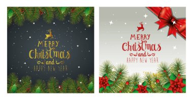 Mutlu noeller ve dekorasyonlu mutlu bir yeni yıl posteri.