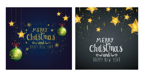 Set poster of merry christmas and happy new year with decoration — Stock Vector