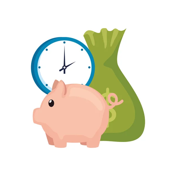 Reloj con alcancía y bolsa de dinero — Vector de stock