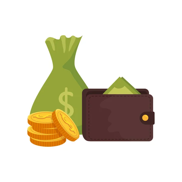 Money bag with wallet and coins — Stock Vector