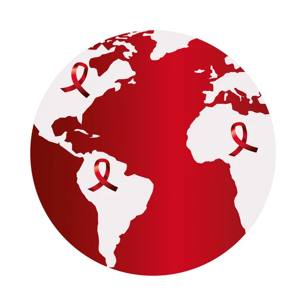 Mapa do mundo com conjunto de fitas de conscientização dia aids — Vetor de Stock