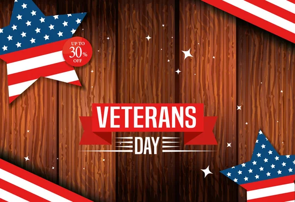 Veteranen dag viering met vlag in vorm ster in houten achtergrond — Stockvector
