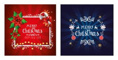 Mutlu noeller ve dekorasyonlu mutlu bir yeni yıl posteri.