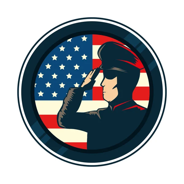 Homme soldat avec drapeau des États-Unis dans le cadre circulaire — Image vectorielle