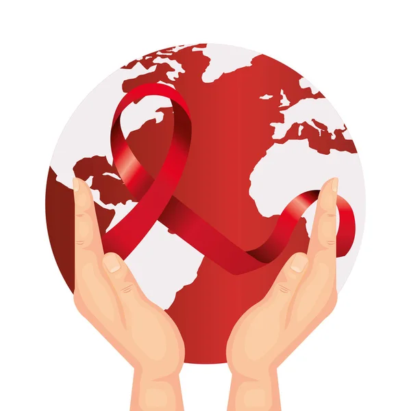 Hands with aids day awareness ribbon and planet earth — Stock Vector