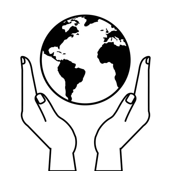 Hands receiving human with planet earth line style icon — Stock Vector