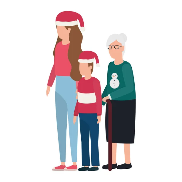 Grand-mère avec fille et petit-fils en utilisant le chapeau de Noël — Image vectorielle