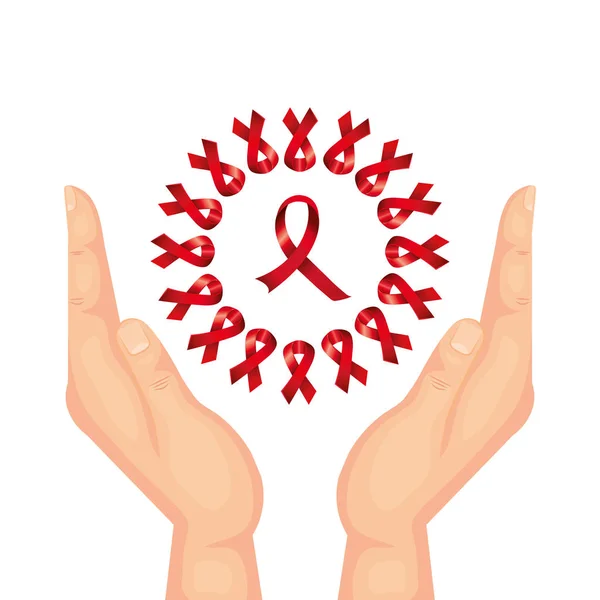 Hands with aids day awareness ribbons — Stock Vector