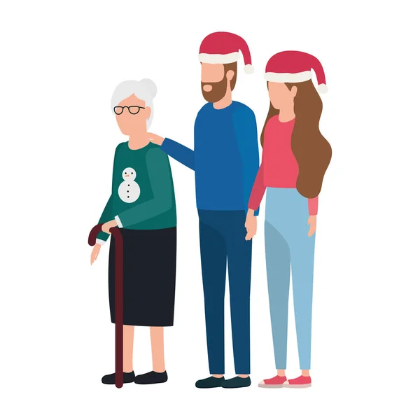 Linda abuela con joven pareja usando sombrero de Navidad — Vector de stock