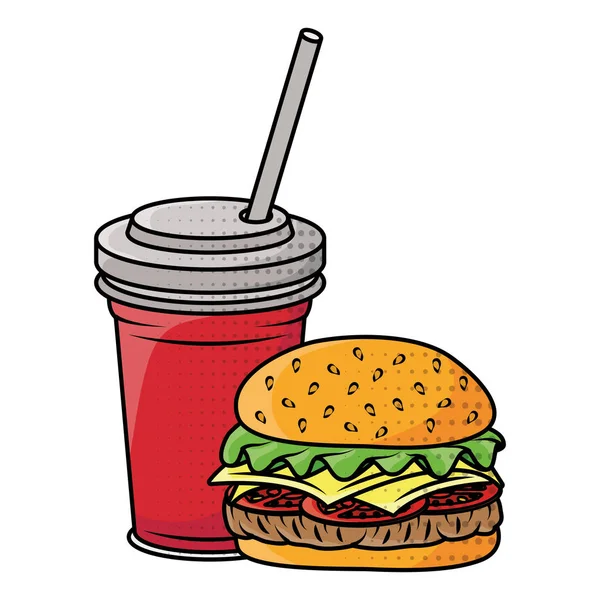 Delicious burger with soda fast food icon — Stock Vector