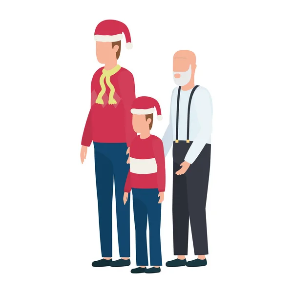 Lindo abuelo con hijo pequeño y nieto usando sombrero de Navidad — Vector de stock